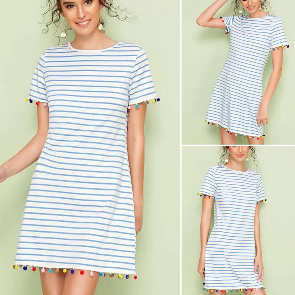 New Women Short Sleeve Mini T-shirt Dress Summer Ladies Casual Round Neck Striped Tassel Loose Beach Sundress