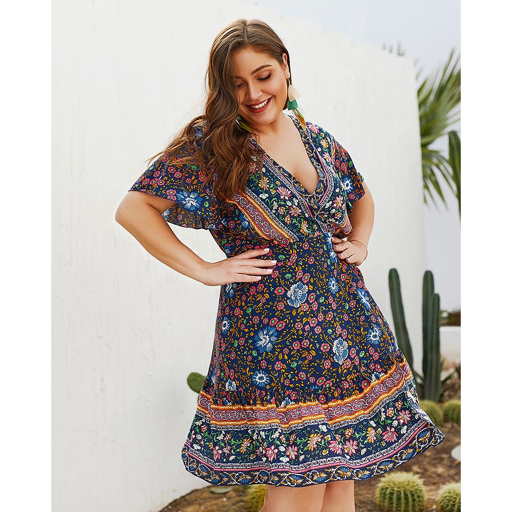 Plus Size Women Short Sleeve Wrap Boho Floral Mini Dress Fashion Ladies Summer Sundress Casual V Neck Holiday Beach Clothes