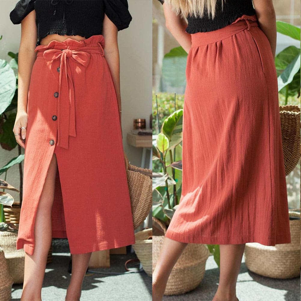 Womens Boho Elastic High Waist Front Slit Skirt Maxi Button Bandage Casual Solid Color Skirt Fashion Summer Clothes