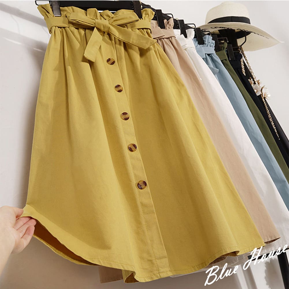 Fashion A-Line Skirt Women Casual Elastic High Waist Loose Summer OL Ladies Pocket Button Midi Long Skirt