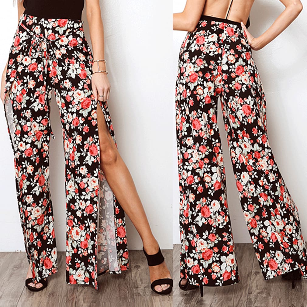 2019 New Fashion Women Boho Floral Flare Long Pants Palazzo Baggy Wide Leg Summer Casual Trousers Loose Culottes