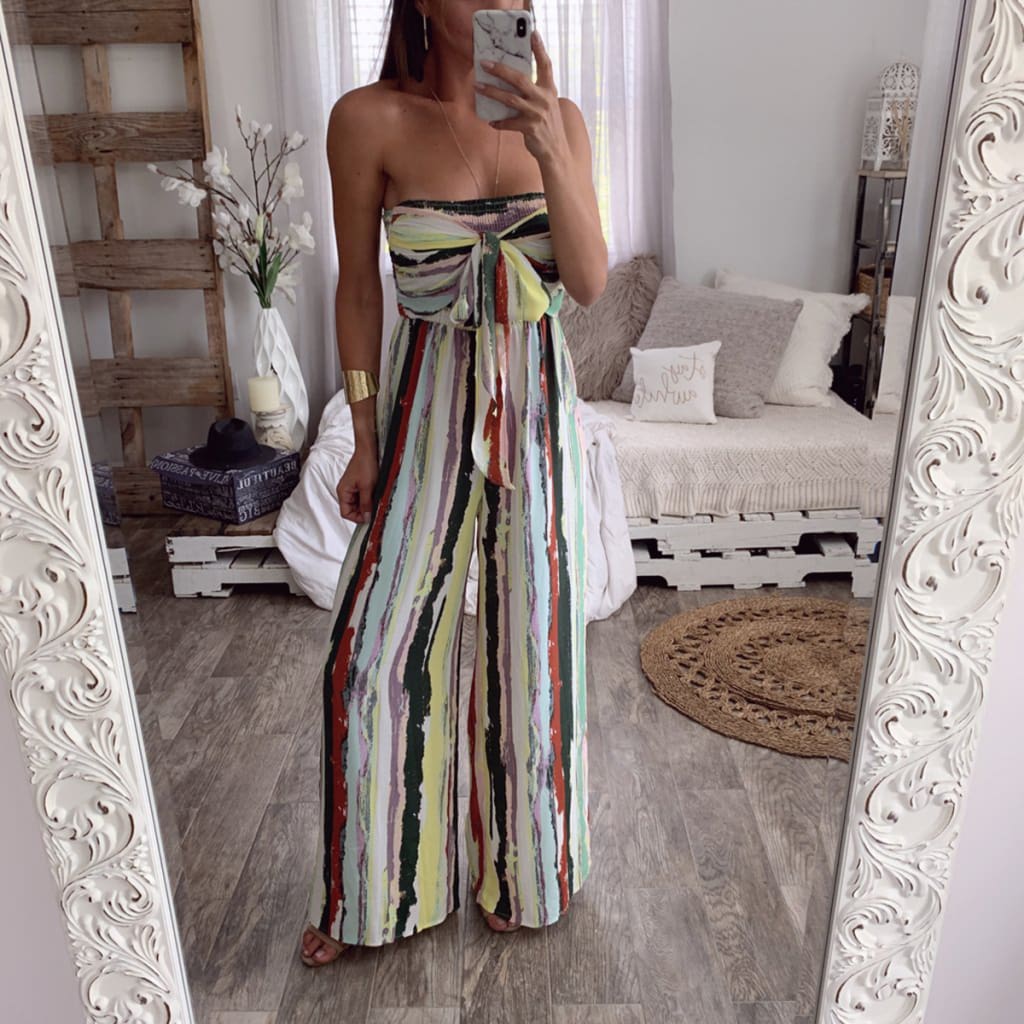 Fashion Women Sleeveless Loose Wide Leg Jumpsuit Overalls Summer Holiday Stripes Bandeau Casual Trousers Romper