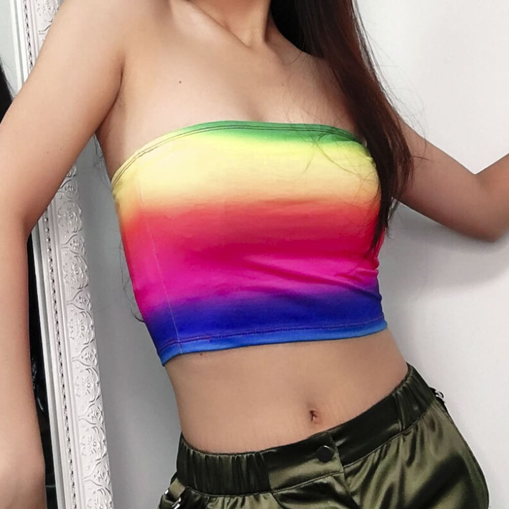 Summer Women Casual Off Shoulder Stretch Tank Top Vest Blouse Fashion Ladies Sleeveless Rainbow Print Crop Tops Shirt