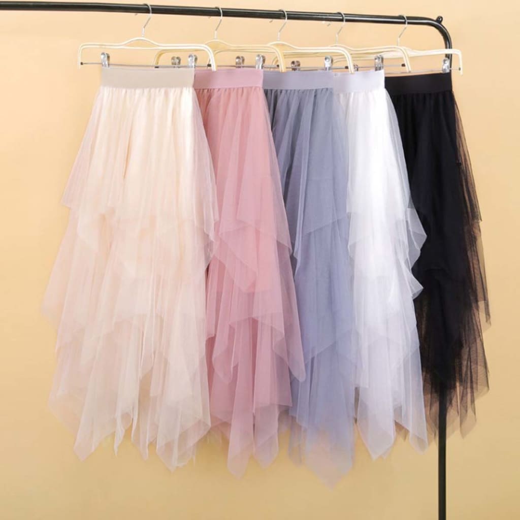 Women Irregular Mesh Tulle Tutu Skirt Elastic High Waist Female Prom Party Casual Layers Pleated Long Maxi Skirt