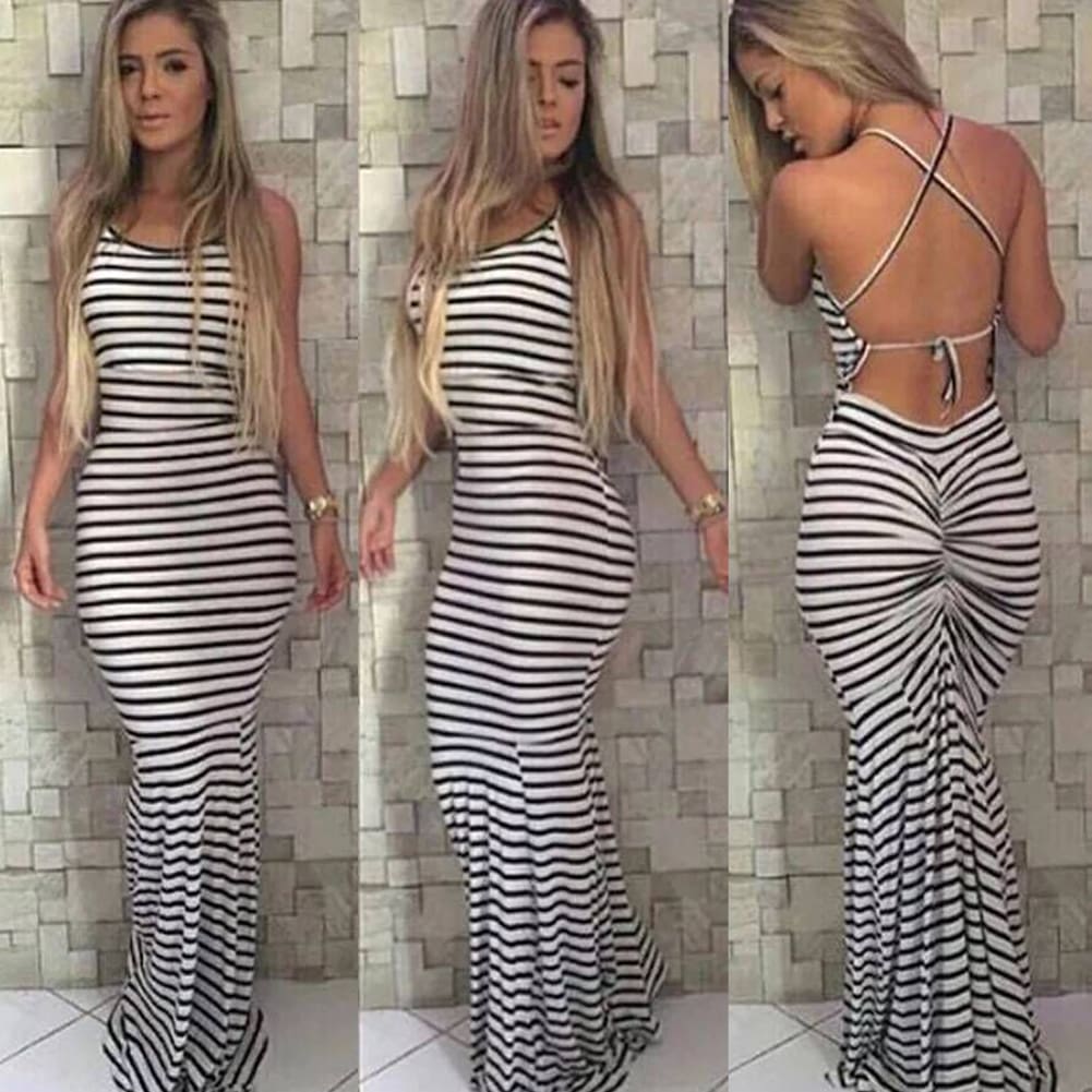 Women Strappy Striped Bodycon Long Maxi Dress Summer BOHO Sleveless Backless Evening Party Beach Dresses Sundress