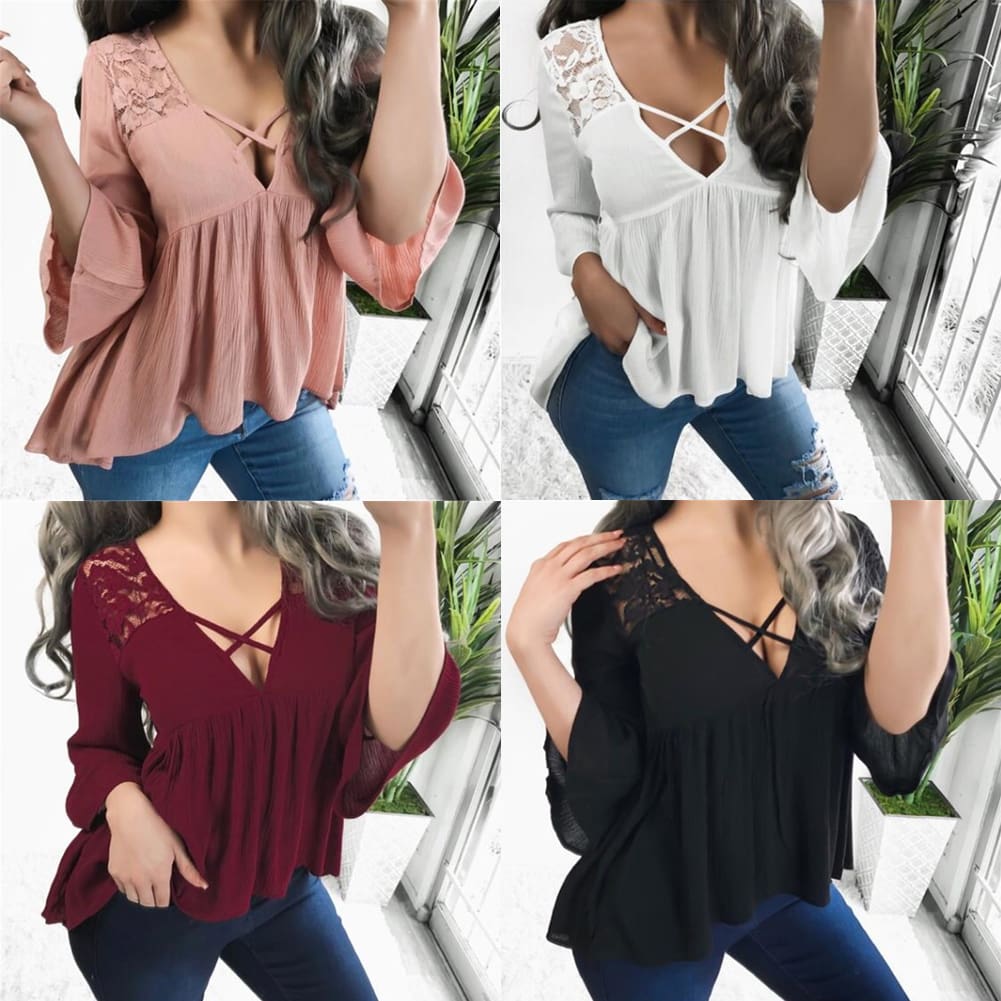 Women Ladies Summer Half Sleeve V-Neck Shirt Fashion Loose Casual Solid Blouse Holiday Beach Tops Shirts