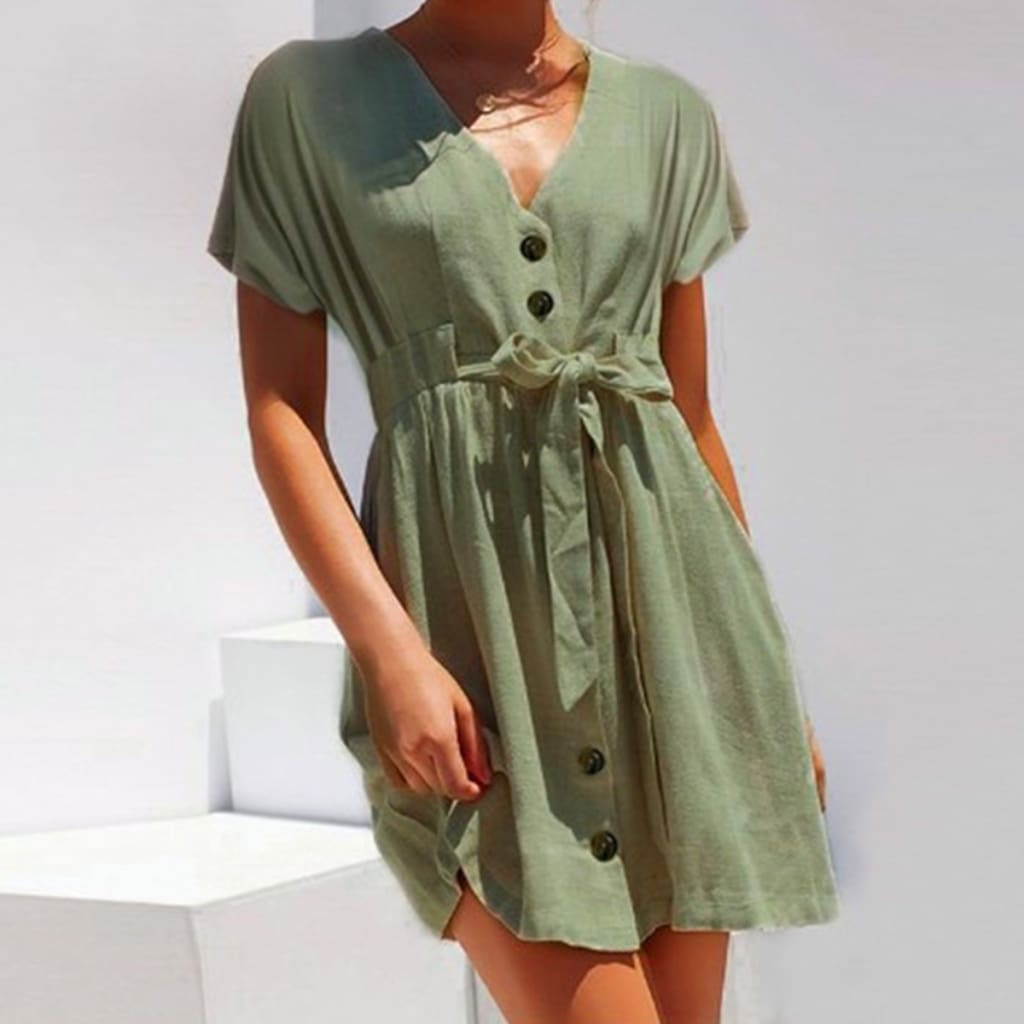 Fashion Women Boho Cotton Linen Sundress Ladies Summer Short Sleeve Holiday Beach Button Loose Solid Short Dress