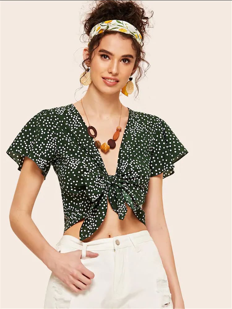 Fashion Women Ladies Floral Wave Point Bandage Crop Tops Ladies Short Sleeve V-Neck Blouse Casual Short Shirts