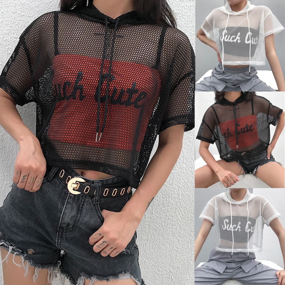 Summer Women Ladies Hollow Mesh Net Shirt Short Sleeve Tee Tops Beach Casual Transparent Blouse Clubwear Outdoor