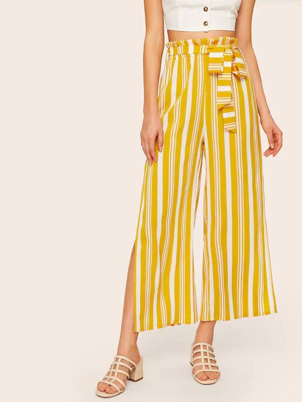 Women Loose Stripe Slit Boho Beach Harem Wide Leg Casual Pants Ladies Fashion High Waist Palazzo Trousers