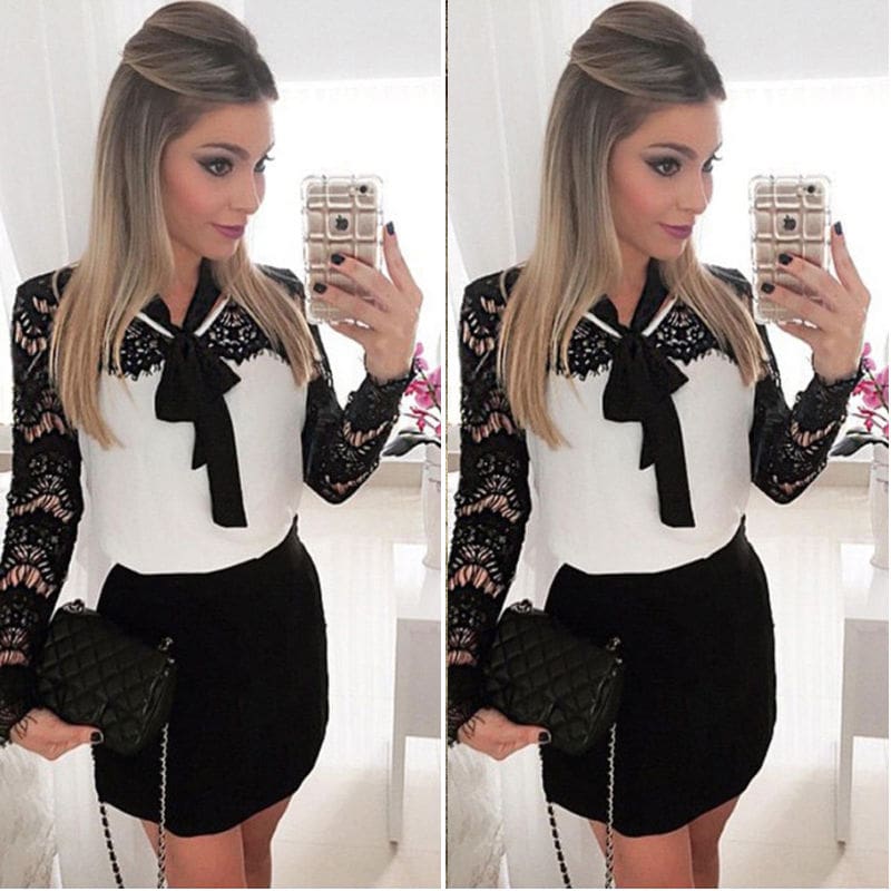 Women Ladies Evening Party Dress Long Sleeve Lace Floral Bow Straight High Waist Mini Dress