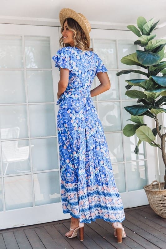 New Fashion Women Boho Floral Short Sleeve High Waist Midi Dress Summer V-Neck Beach Holiday Sundress