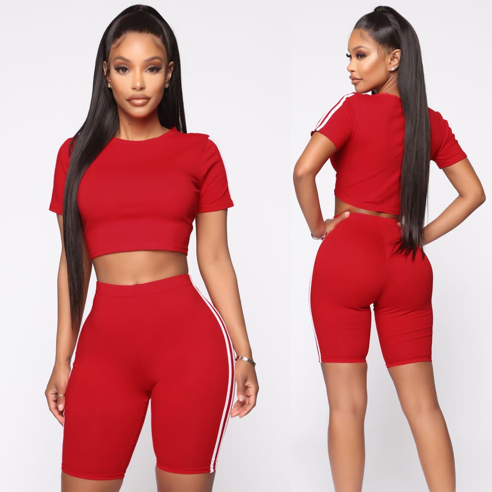 Women 2pcs Sports Suit Solid Crop Top + Shorts Beach Wear Running Gym Stripe Outfits Summer Casual Workout Clothes Tracksuit