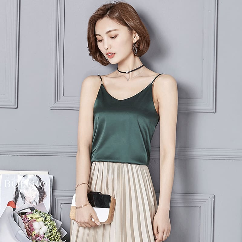 Summer Women Silk Satin Slim Sleeveless V-Neck Lace Vest Fashion Ladies Solid Casual Tank Top Daily Blouse