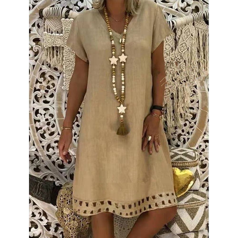 Women Summer Boho Short Sleeve Dress Solid V Neck Beach Loose Tops Dresses