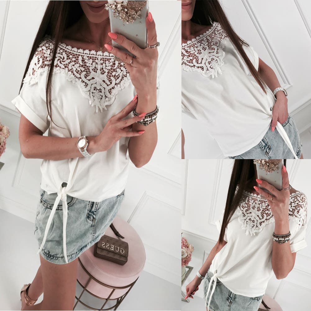 Women Ladies Batwing Short Sleeve Lace Hollow Baggy Casual T-Shirt Tops