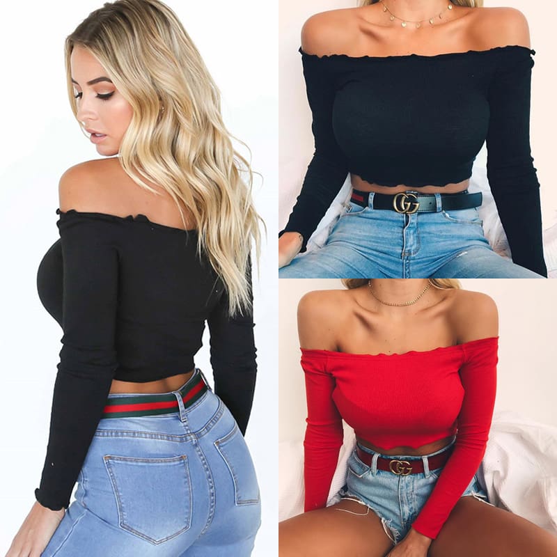 Summer Women Off Shoulder Tank Tops Slim Sleeve Off Shoulder Crop Tops