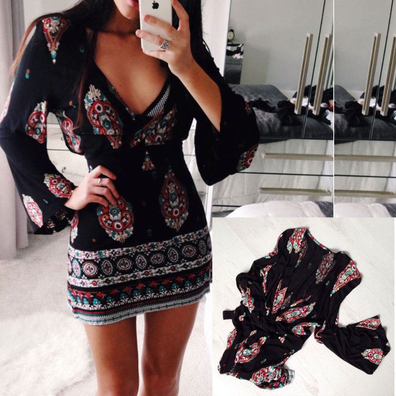 Women Short Summer Dress Casual V Neck Long Sleeve Printed Dress