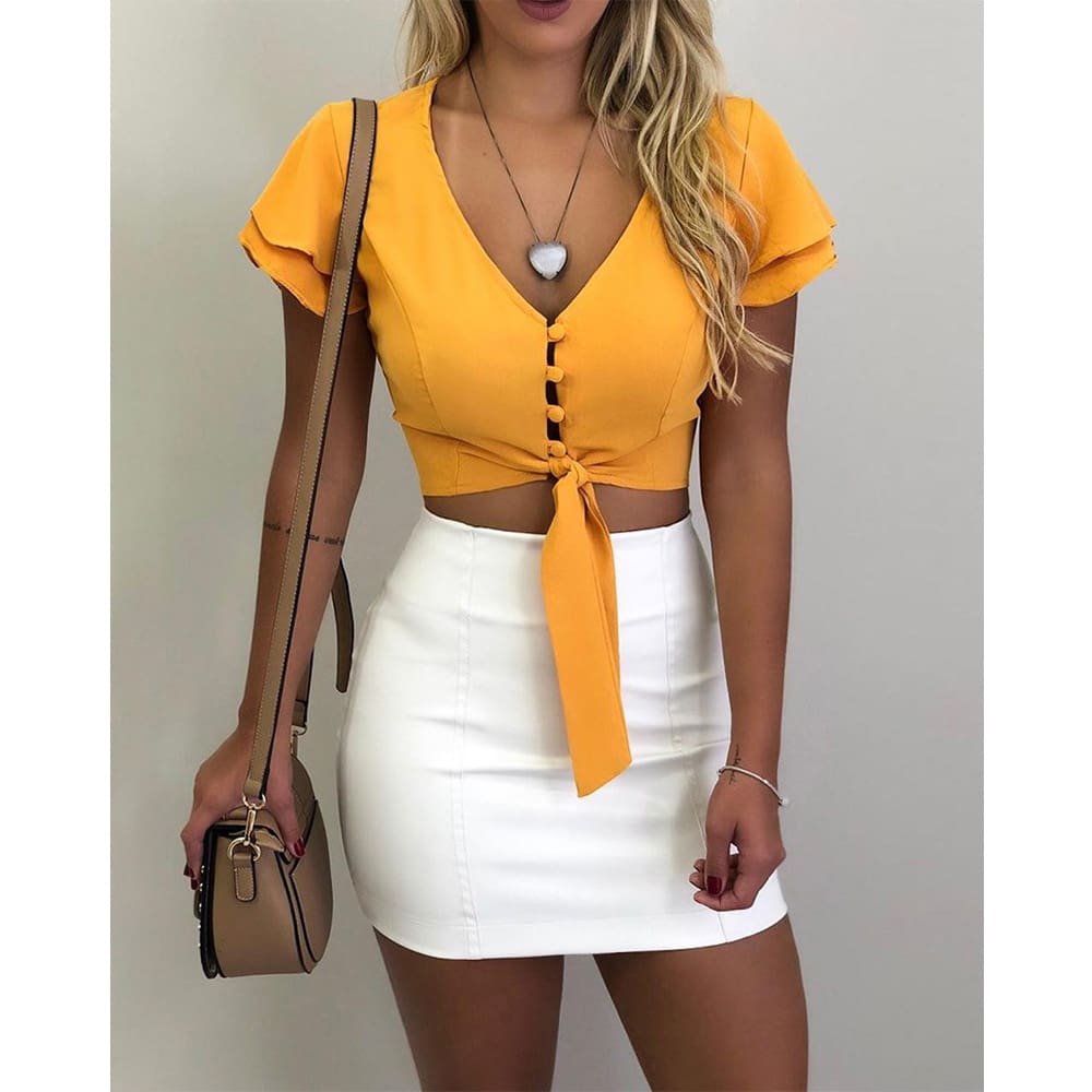 New Fashion Women Short Sleeve Summer Simple Front Tie Up Crop Top V-Neck Casual Sexy Loose Tops T-Shirt Outwear Streetwear