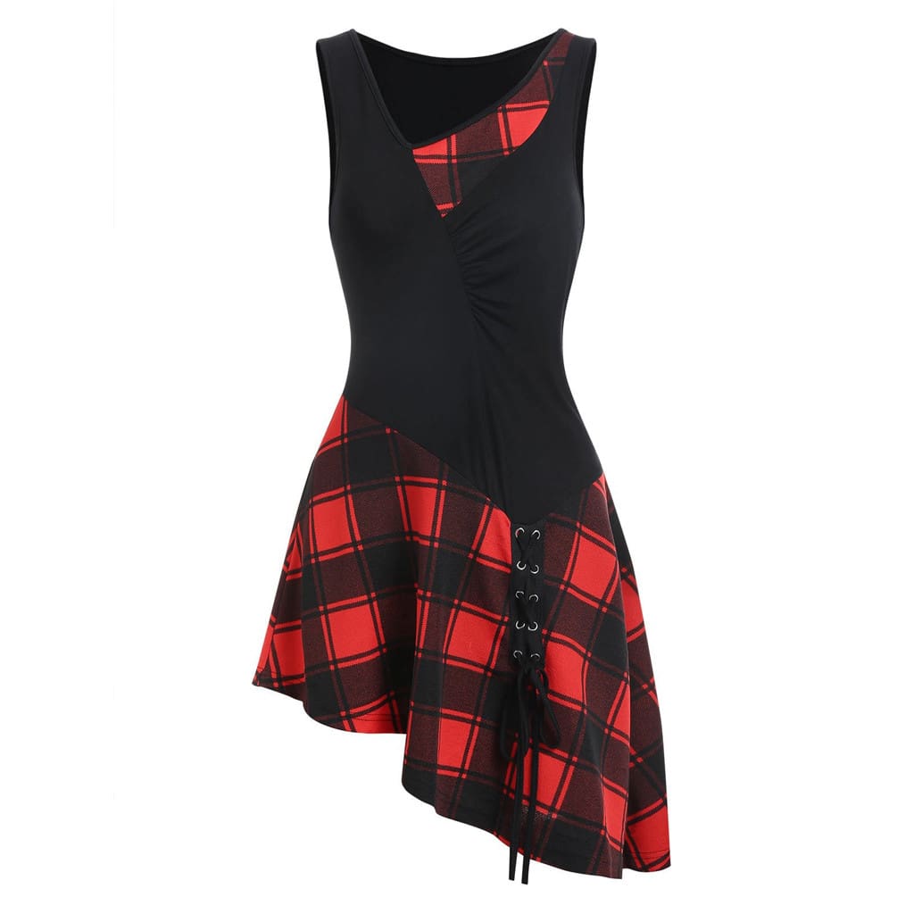 Women Lace Up Tartan Checked Plaid Print Asymmetrical Dress