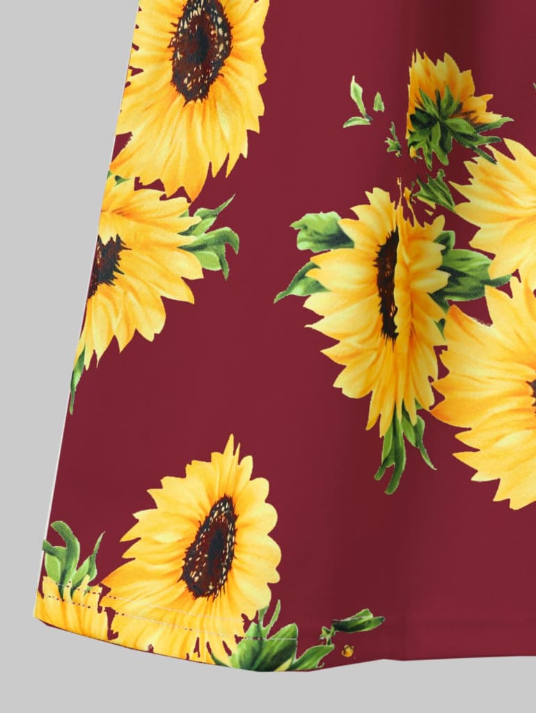 Sunflower Printing Button Up A Line Off Shoulder Sleeveless Dress