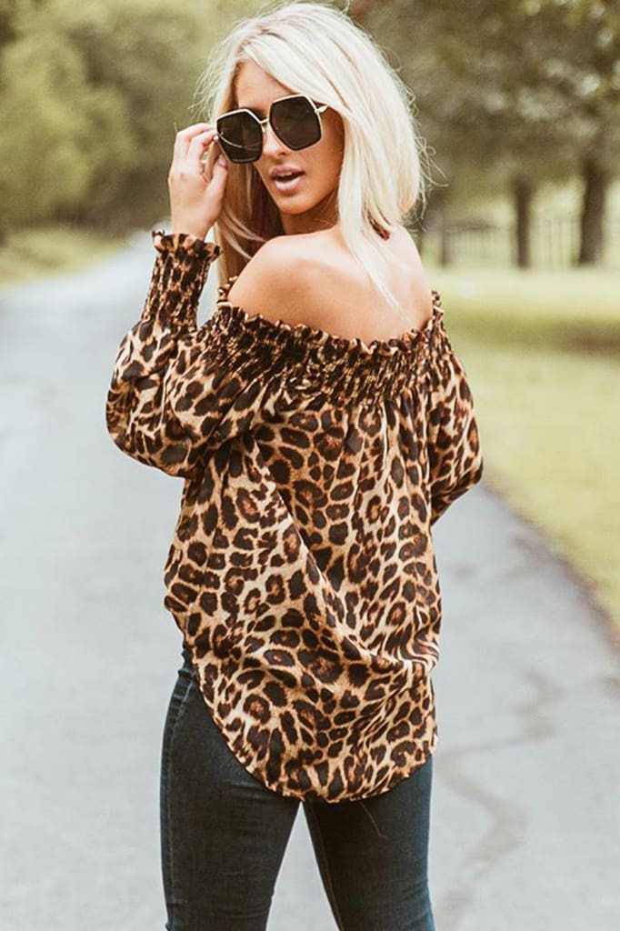 Fashion Women Off Shoulder Blouse Hot Sexy Ladies Leopard Print Long Sleeve Loose Holiday Casual Blouse Tops