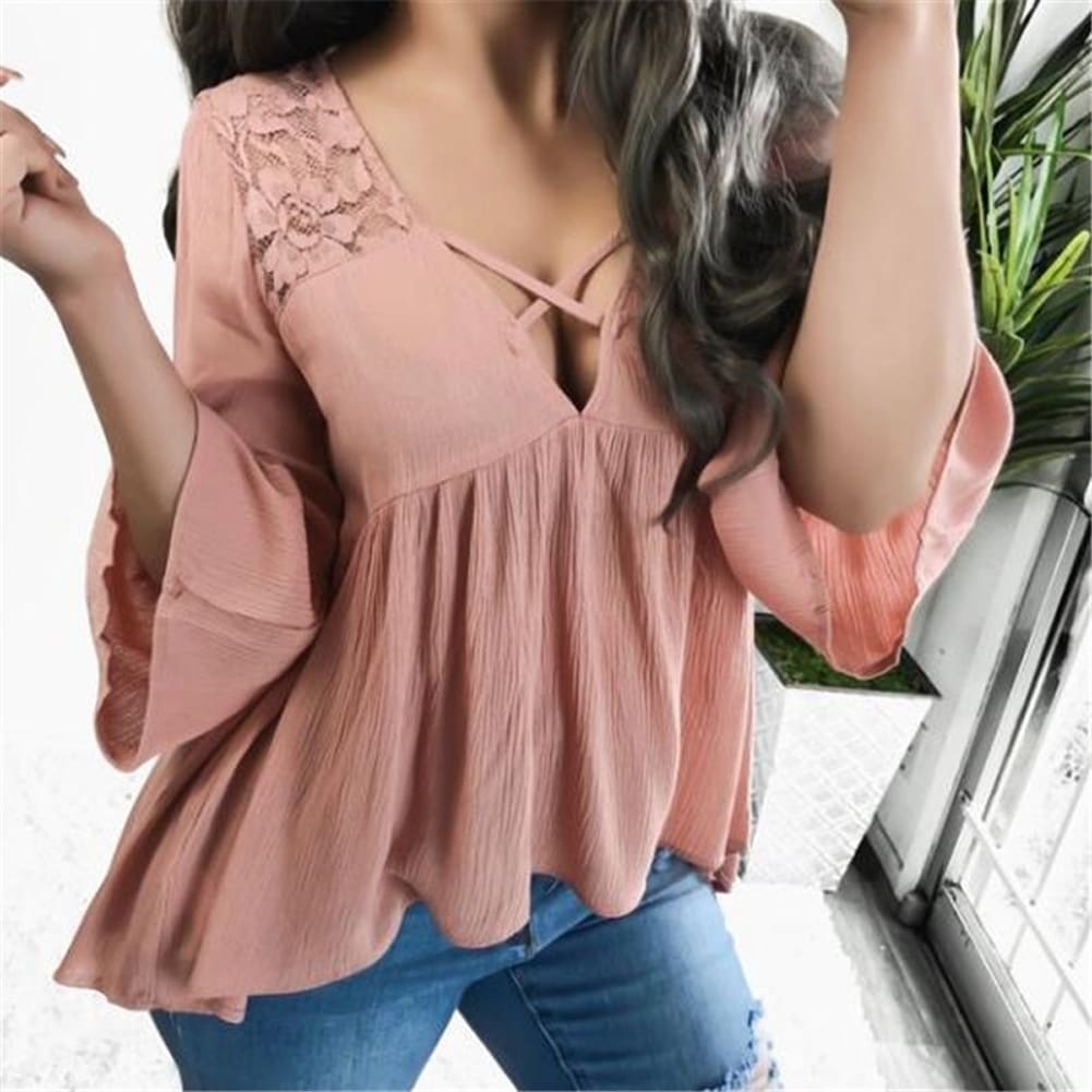 Women Ladies Summer Half Sleeve V-Neck Shirt Fashion Loose Casual Solid Blouse Holiday Beach Tops Shirts