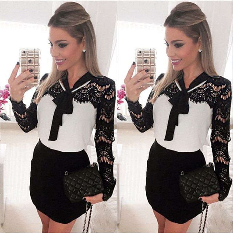 Women Ladies Evening Party Dress Long Sleeve Lace Floral Bow Straight High Waist Mini Dress