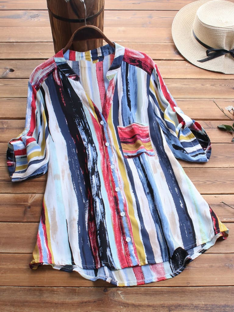 New Women Summer Striped V Neck Blouses Ladies Casual Loose Baggy Tops Tunic Shirts Plus Size Women Clothes