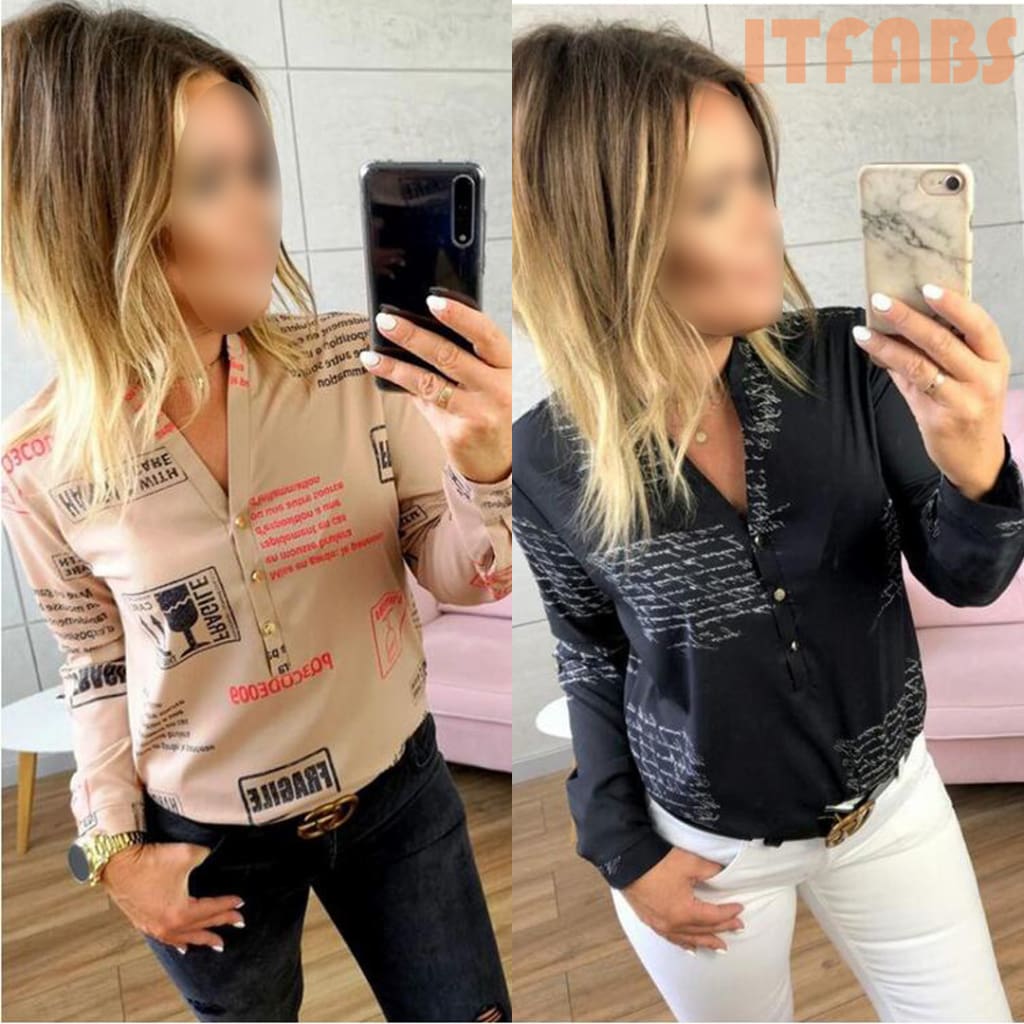 Women Long Sleeve V-neck Button Letter Print Shirt New Fashion OL Ladies Casual Long Sleeve Shirt 2 Colors