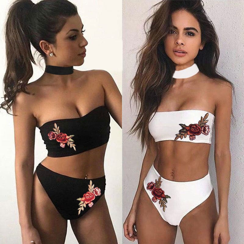 Two-Pieces Women Floral Sexy Strapless Push-up Padded Bra High Waist Bandage Bikini Set Swimsuit Swimwear Bathing Suit Beachwear