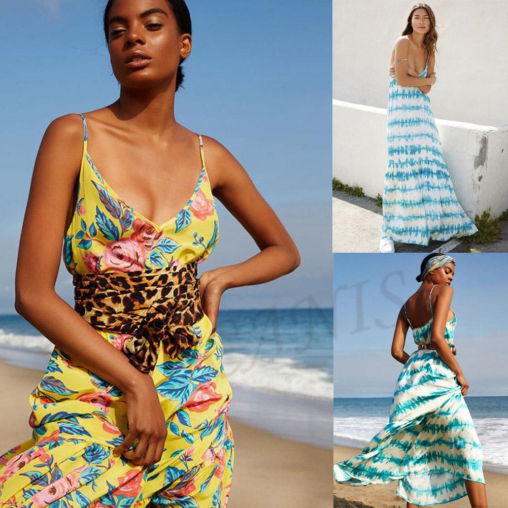 Fashion Beach Dress Women Holiday Sleeveless Loose Summer Beach Casual Floral Long Maxi Dress Sundress