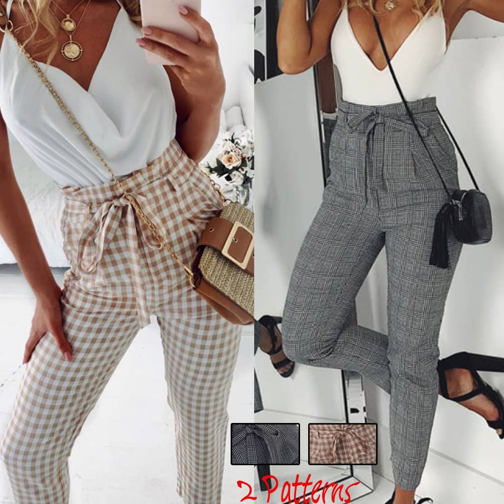 Plaid Harem Pants Women Casual Sweatpants Jogger Fashion Bandage Ruffle High Waist Ankle Length Pants Trousers