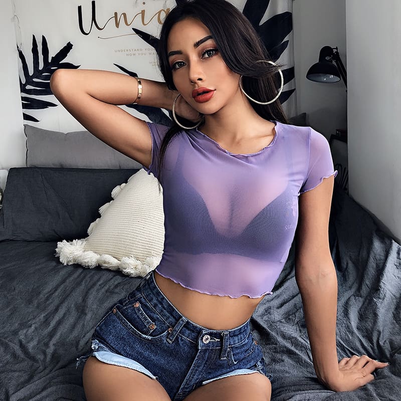 Women Sexy Mesh Sheer Net Short Sleeve Vest Crop Top Summer Beach Ladies Casual Tops T shirt Women Shirt Tee