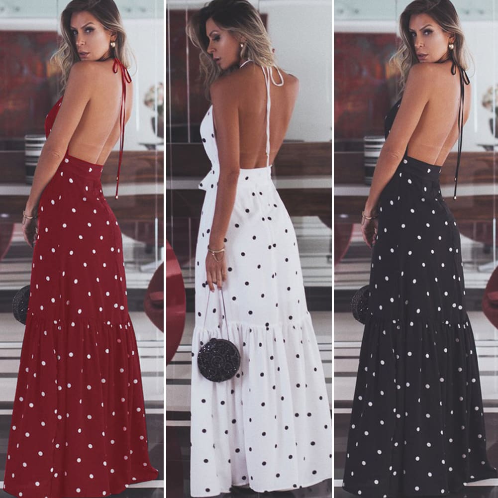 Fashion Maxi Dress Women Ladies Casual Bandage Sleeveless Boho Polka Dot Sexy Backless Bodycon