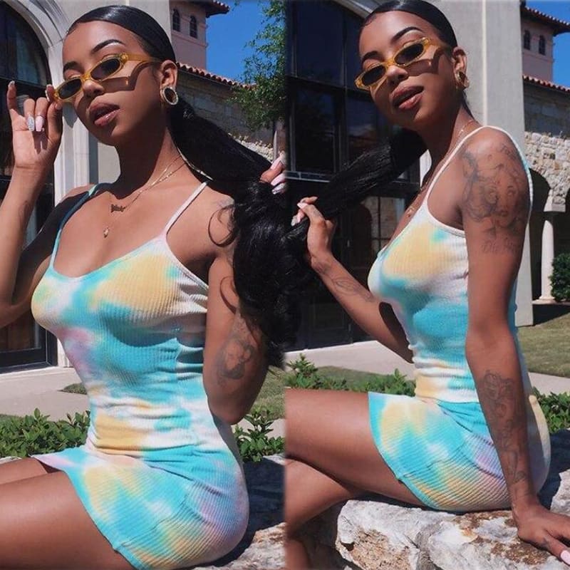 Women Fashion Tie Dye Dress Casual Holiday Summer Sleeveless Bodycon Beach Slim Short Mini Dresses Sundress