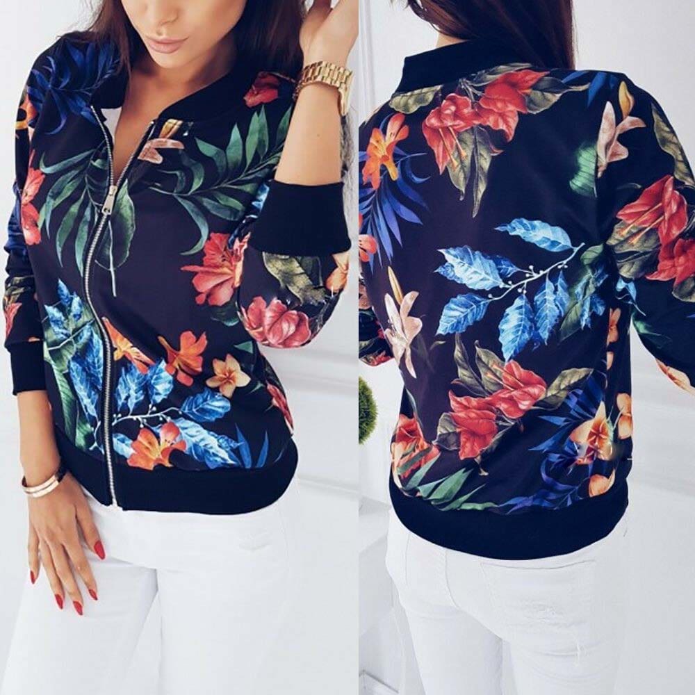 Retro Floral Printed Short Jacket Woman Zipper Bomber Female Spring Outwear Casual Long Sleeve Fashion Womens Clothes