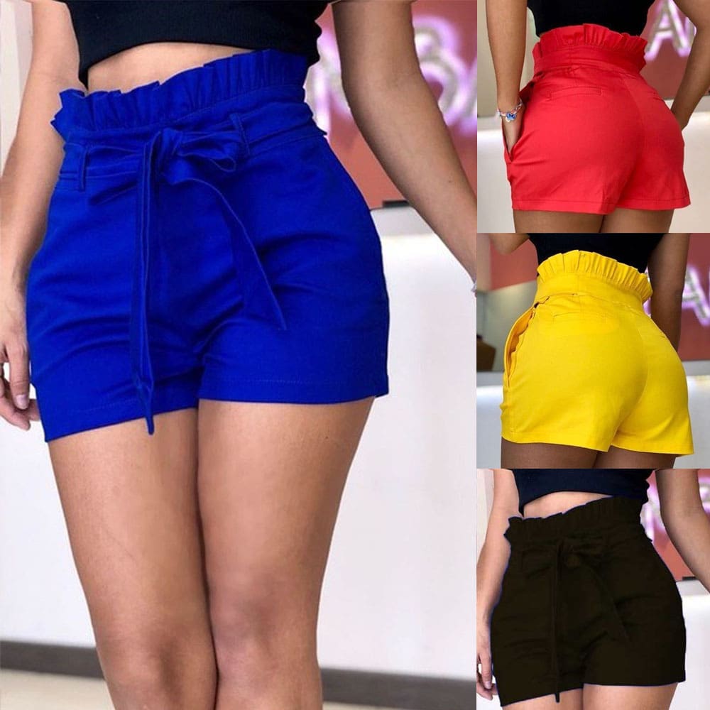 Women Casual Candy Color Hot Shorts Belt Beach Harem Elastic High Waist Stylish Loose Short Trouser