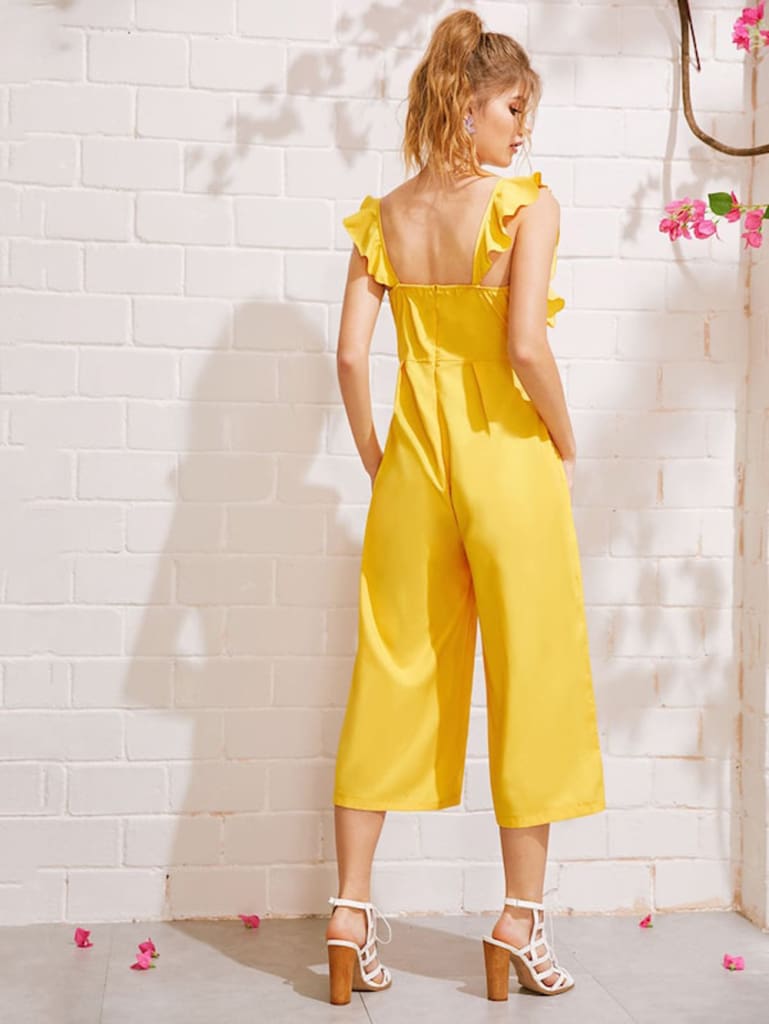 Ladies Baggy Solid Ruffle Women Summer Square Neck Overall Fashion New Loose Causal Wide Leg Pants Jumpsuit