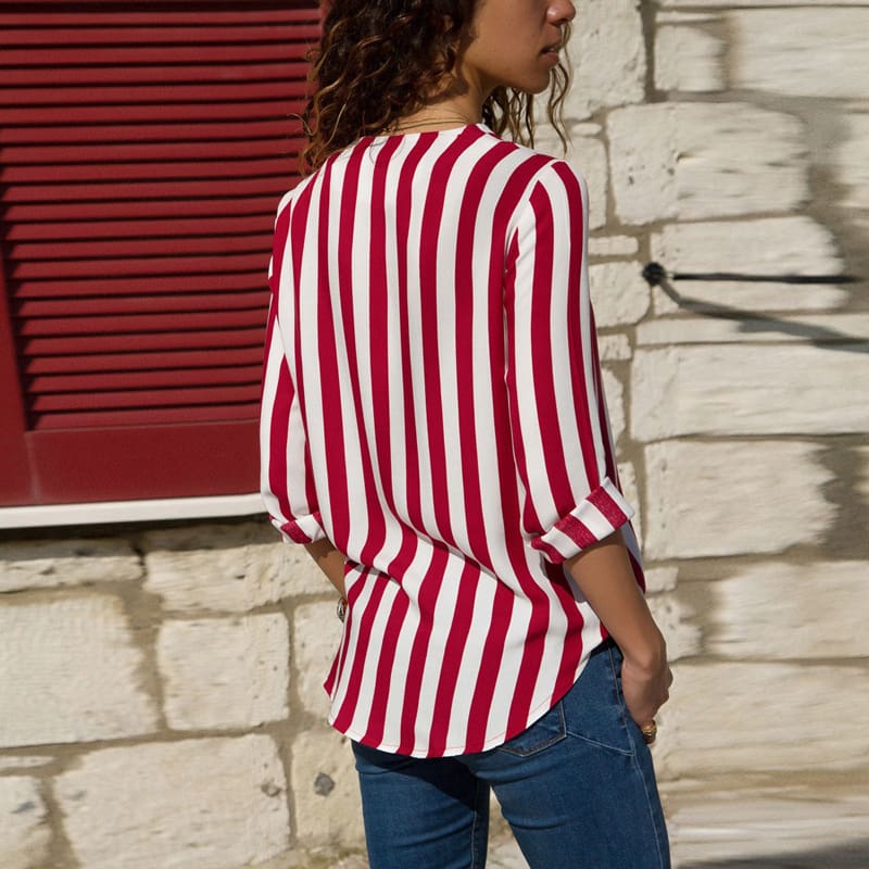 Hot Women Collar Striped Blouse Shirt Long Sleeve Blouse Fashion V-neck Shirts Casual Tops Blouse