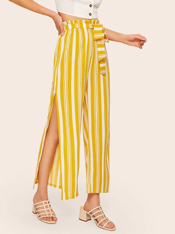 Women Loose Stripe Slit Boho Beach Harem Wide Leg Casual Pants Ladies Fashion High Waist Palazzo Trousers