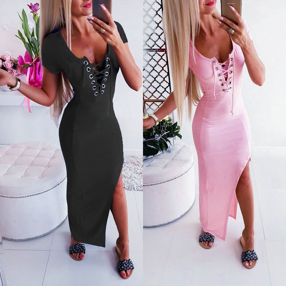 Women Casual Scoop Neck Short Sleeve Bodycon Dress Ladies Summer Holiday Party Long Split Dress Sundress