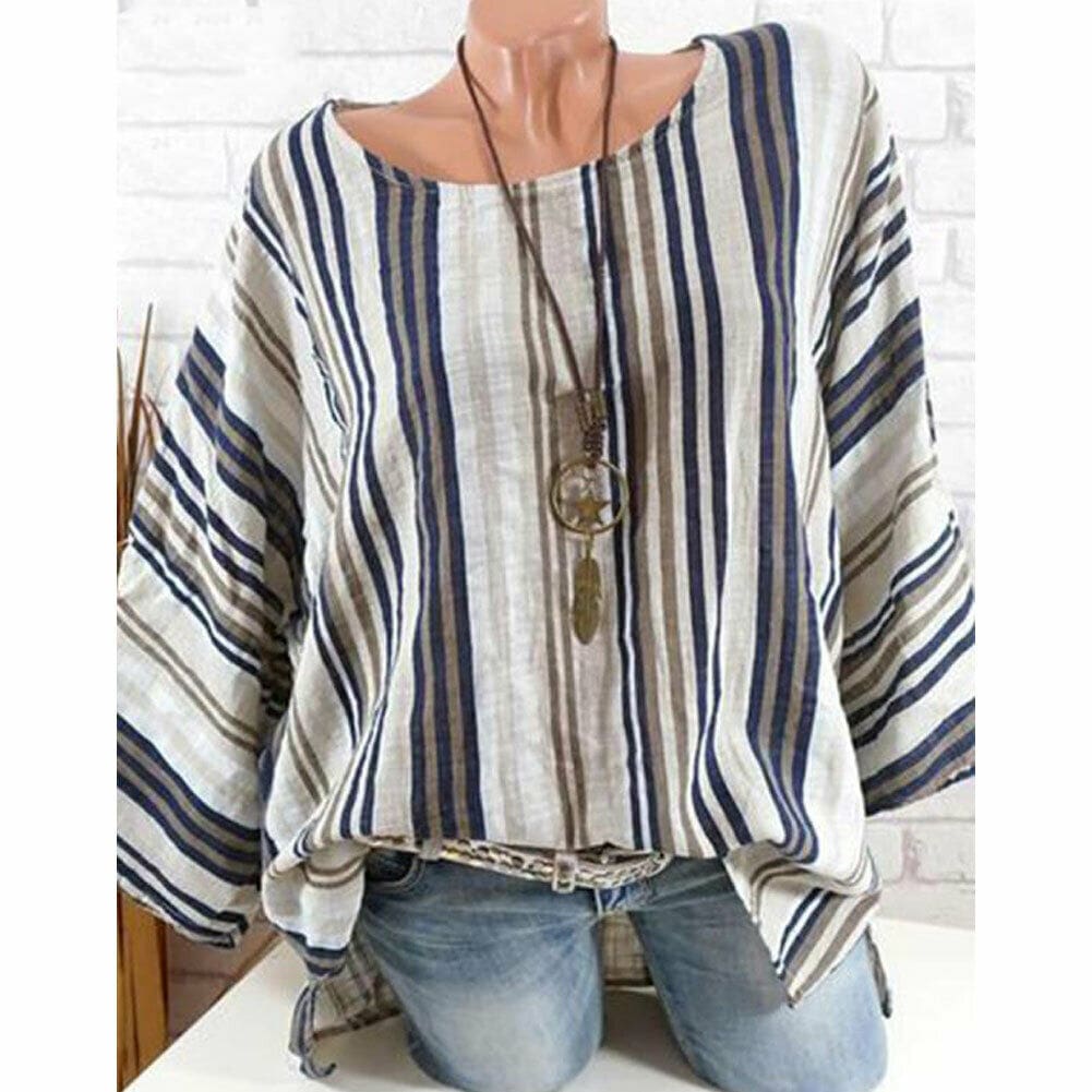 Plus Size New Women Tops Raglan Sleeve Shirt arrival Cotton Linen Striped Baggy Tunic O-Neck Loose Shirt