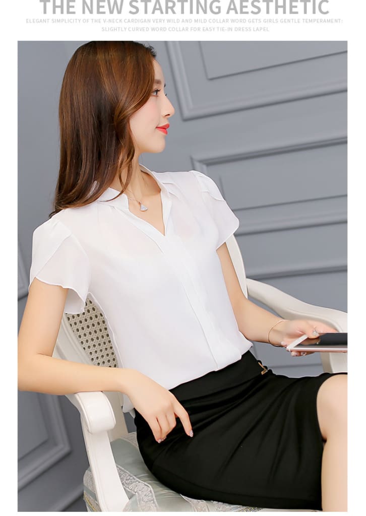 Fashion Women Summer Chiffon Slim Fit Short Sleeve Office Lady Solid Casual V-Neck Shirt Tops Blouse Shirt New