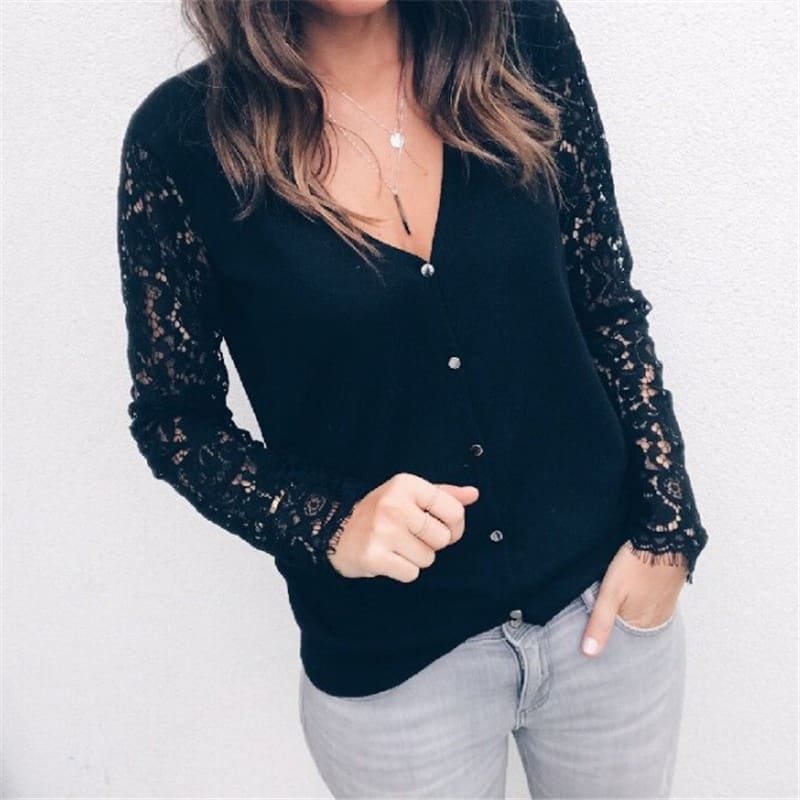 Women Blouses V Neck Blouse Floral Lace Long Sleeve Blouse Female Shirts Women Tops Blouses Black White Ladies Clothes