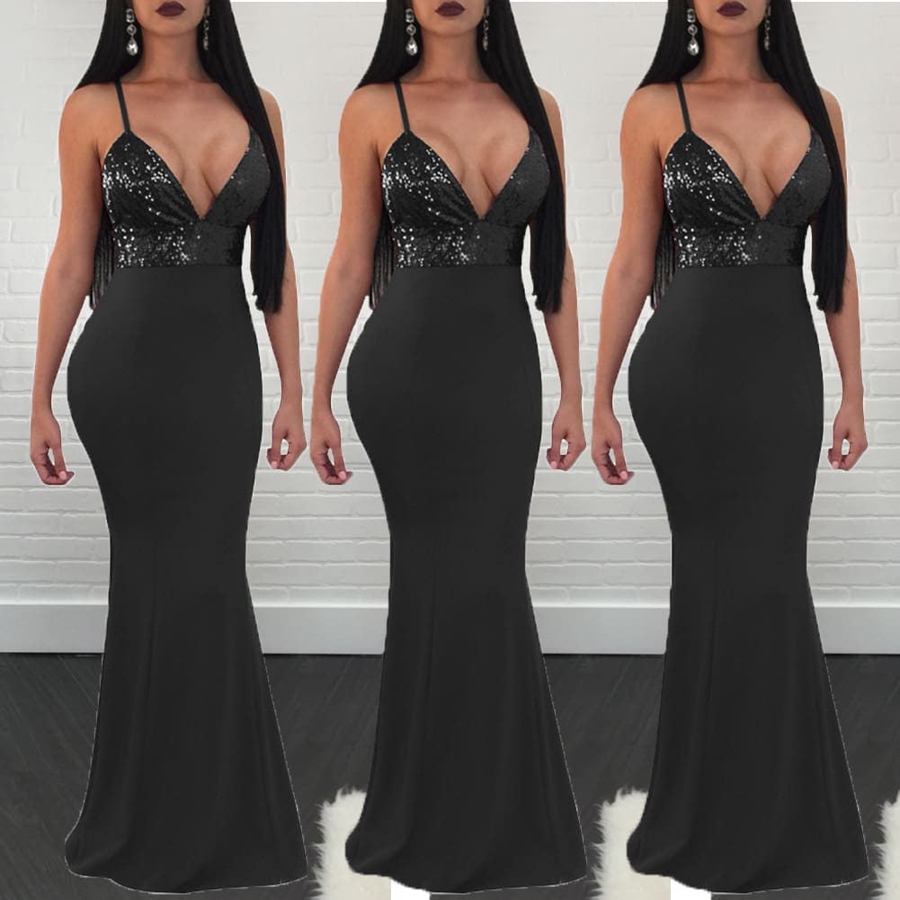 New Women Formal Prom Long Sequin Dress V-Neck Sleeveless Bodycon SunDress Party Cocktail Long Slim Dress