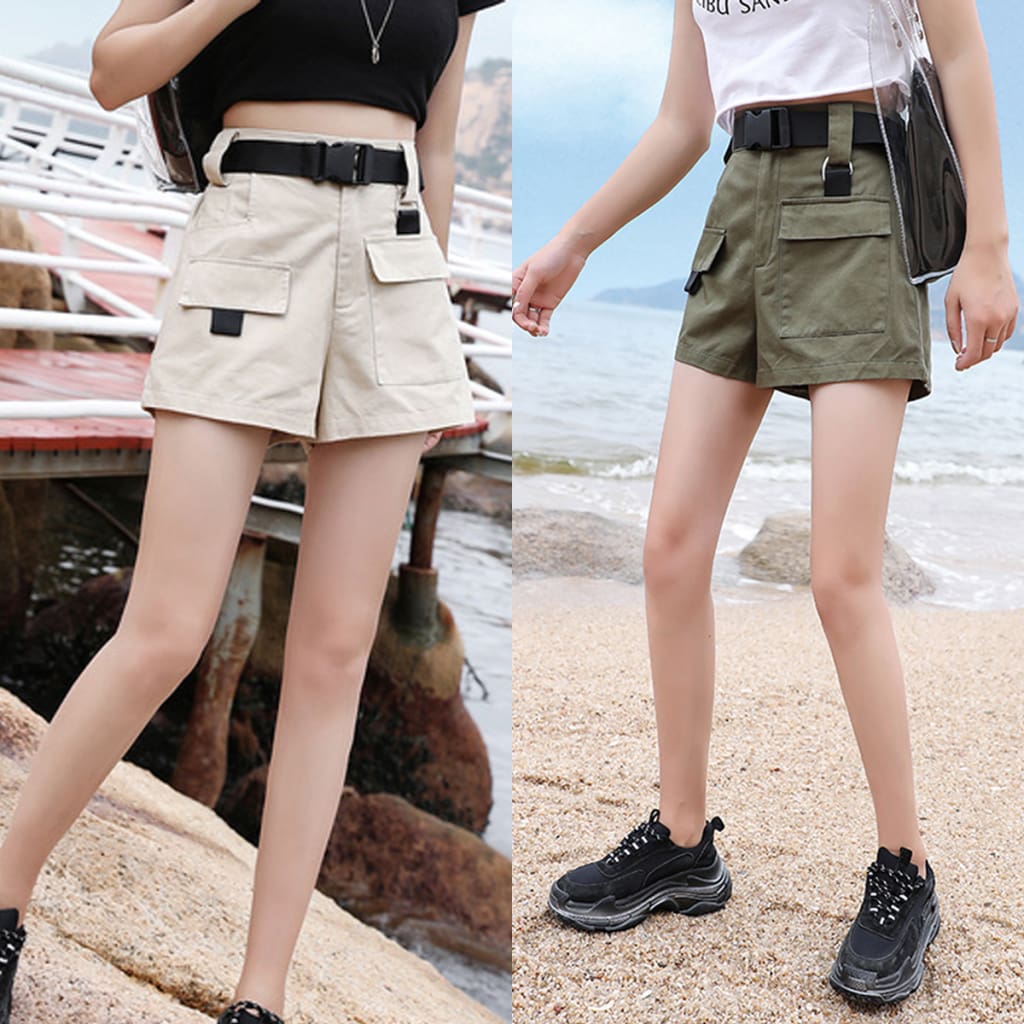 New Women Cargo High Waist Shorts Cotton Overalls Fashion Ladies Casual Multi-pockets Breathable Loose Trouser Plus Size