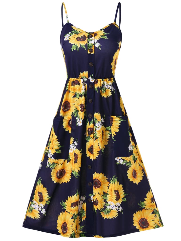 Sunflower Printing Button Up A Line Off Shoulder Sleeveless Dress