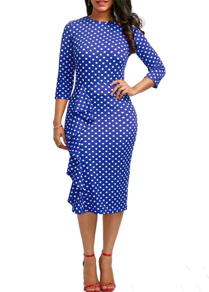 Elegant Women Ladies Sexy Long Sleeve Polka Dots Ruffle Bodycon Slim O-Neck Casual Party Long Pencil Dress