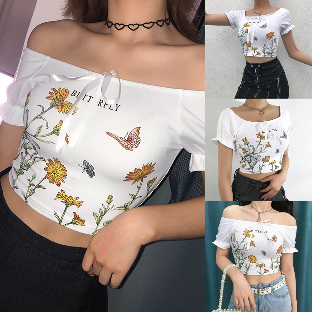 New Women Summer Floral Off Shoulder Tops Ladies Casual Blouse Short Sleeve Beach Holiday Slim Crop Top Shirt